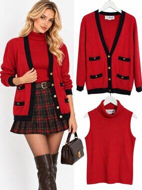 Pringle Scotland Vintage Cardigan Turtleneck Twinset Women's M Red Lambswool
